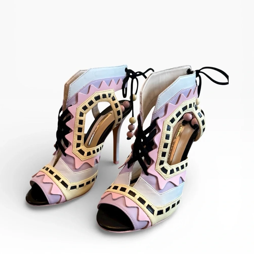 Sophia Webster Riko Leather Pastel Multicolor Cut-Out Lace-Up Heels EU 37 US 7